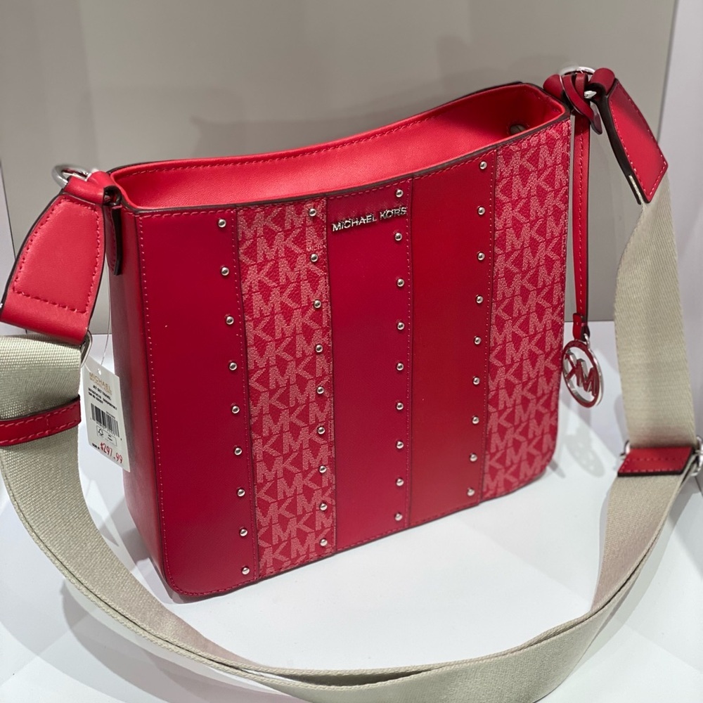 Michael Kors Jet Set Travel Small Crossbody Bag MK Dark Raspberry Studded - Picture 13 of 14